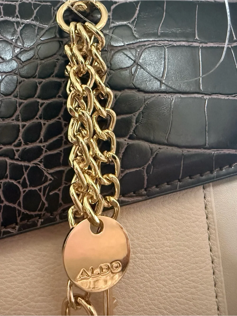 ALDO Black Croc-Texture & Cream Top Handle Satchel with Gold Chain